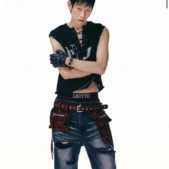 [BUNJANG] Recipe Layered Check Red Cargo Pocket Belt / 레시또 레이어드 체크레드 카고 포켓 벨트