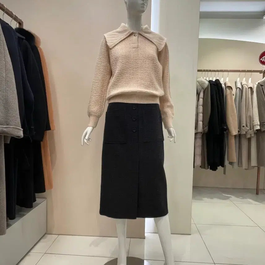 [BUNJANG] LINE Big Collar Button Knit Cream 55 / (무료배송) 라인 빅카라 버튼 니트 크림색 55