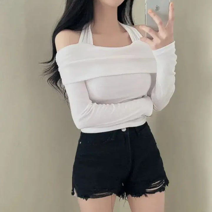 [BUNJANG] Pink Off-Shoulder Halter Neck Knit Top / 핑크 오프숄더 홀터넥 긴팔티셔츠