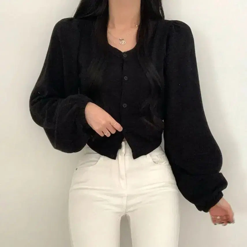 [BUNJANG] Black Crop Puff Sleeve Cardigan / 블랙 크롭 퍼프 가디건