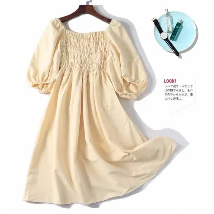 [BUNJANG] Ivory Puff Sleeve Shirred Midi Dress / 아이보리 퍼프 소매 셔링 원피스