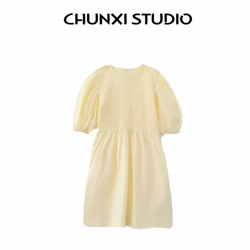 [BUNJANG] Ivory Puff Sleeve Shirred Midi Dress / 아이보리 퍼프 소매 셔링 원피스