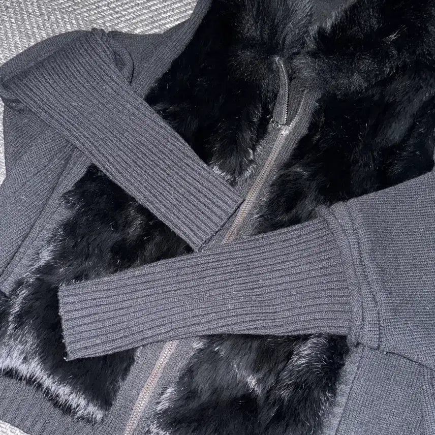 [BUNJANG] Noddednephia Fur Knit Hooded Zip-up / 노드네피아 퍼 니트 후드집업