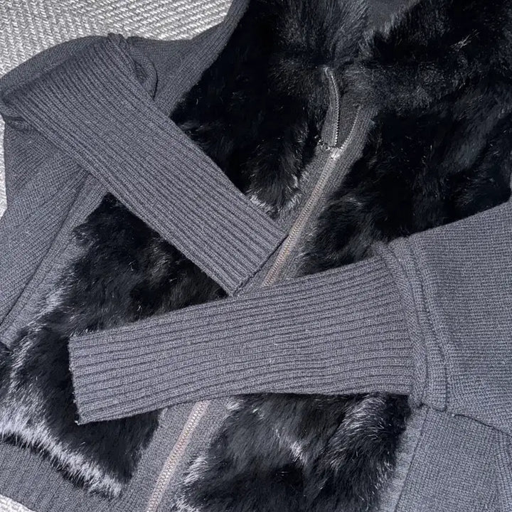 [BUNJANG] Noddednephia Fur Knit Hooded Zip-up / 노드네피아 퍼 니트 후드집업