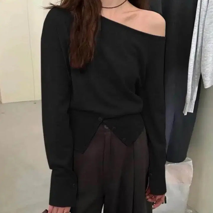 [BUNJANG] Black Knit One-Shoulder Top / 언발 원숄더 오프숄더 블랙 니트