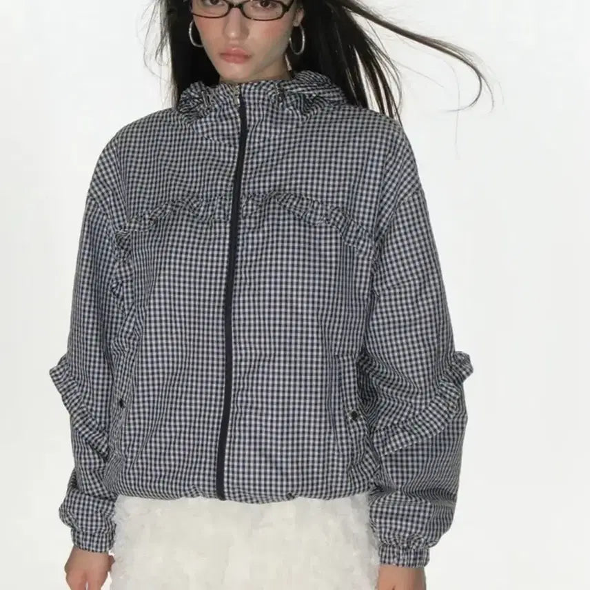 [BUNJANG] Crank Check Frill Windbreaker Navy / 크랭크 체크 프릴 바람막이 네이비