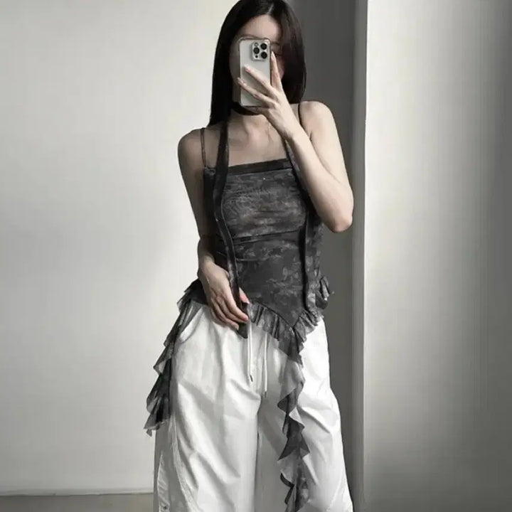 [BUNJANG] Y2K Check Frill Blouse & Long Dress Set / 에이블리 페스티벌 워터밤 y2k 체크 언발 이너 롱 프릴 원피스 블라우스