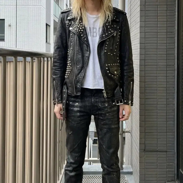 [BUNJANG] Vintage Studded Cow Leather Jacket / 빈티지 스터드 장식 락시크 카우레더자켓