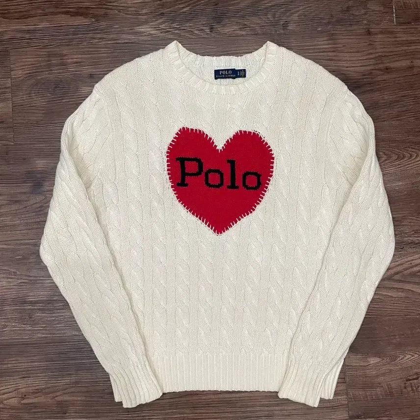 [BUNJANG] Polo Ralph Lauren Heart Cable Knit Sweater Ivory / 폴로 랄프로렌 하트 케이블 니트 스웨터 아이보리