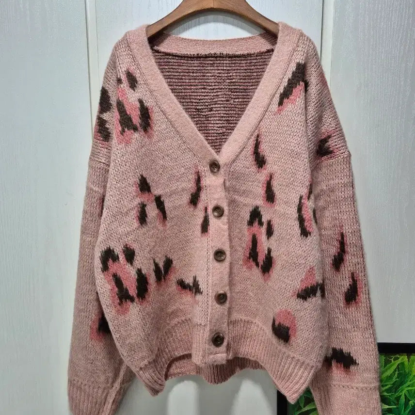 [BUNJANG] Pink Leopard Knit Cardigan / (세일)핑크 레오파드 니트 가디건