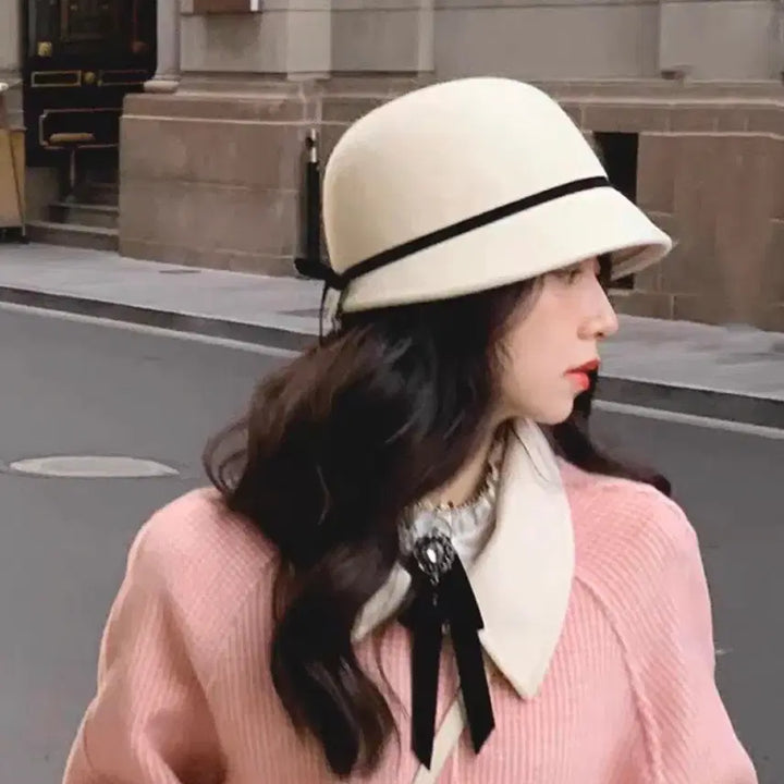 [BUNJANG] White Wool Bucket Hat with Black Ribbon / 양모 화이트햇 벙거지 모자 페도라 블랙 리본 샤넬스타일 버킷햇