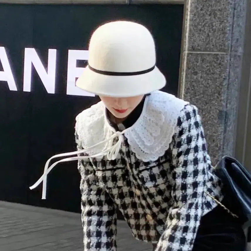 [BUNJANG] White Wool Bucket Hat with Black Ribbon / 양모 화이트햇 벙거지 모자 페도라 블랙 리본 샤넬스타일 버킷햇