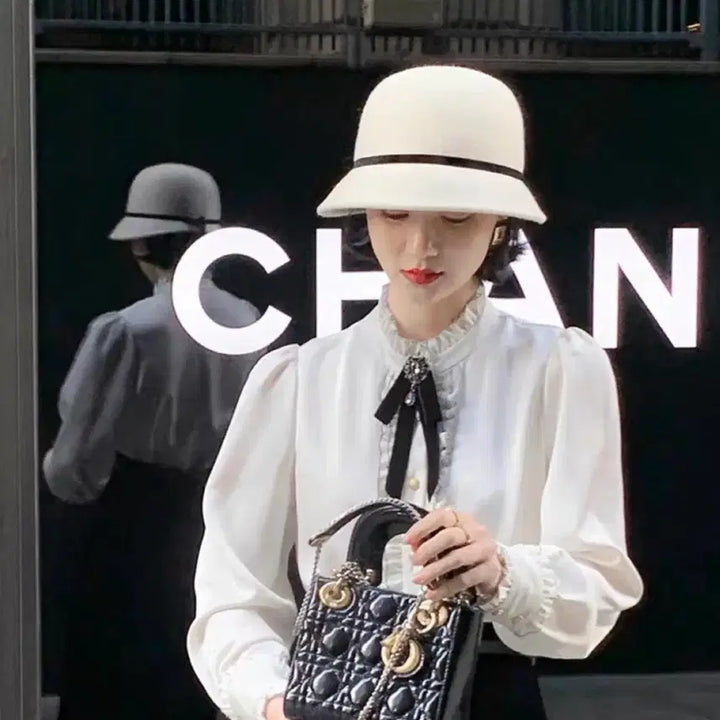 [BUNJANG] White Wool Bucket Hat with Black Ribbon / 양모 화이트햇 벙거지 모자 페도라 블랙 리본 샤넬스타일 버킷햇