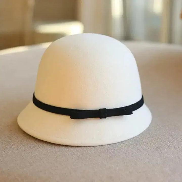 [BUNJANG] White Wool Bucket Hat with Black Ribbon / 양모 화이트햇 벙거지 모자 페도라 블랙 리본 샤넬스타일 버킷햇