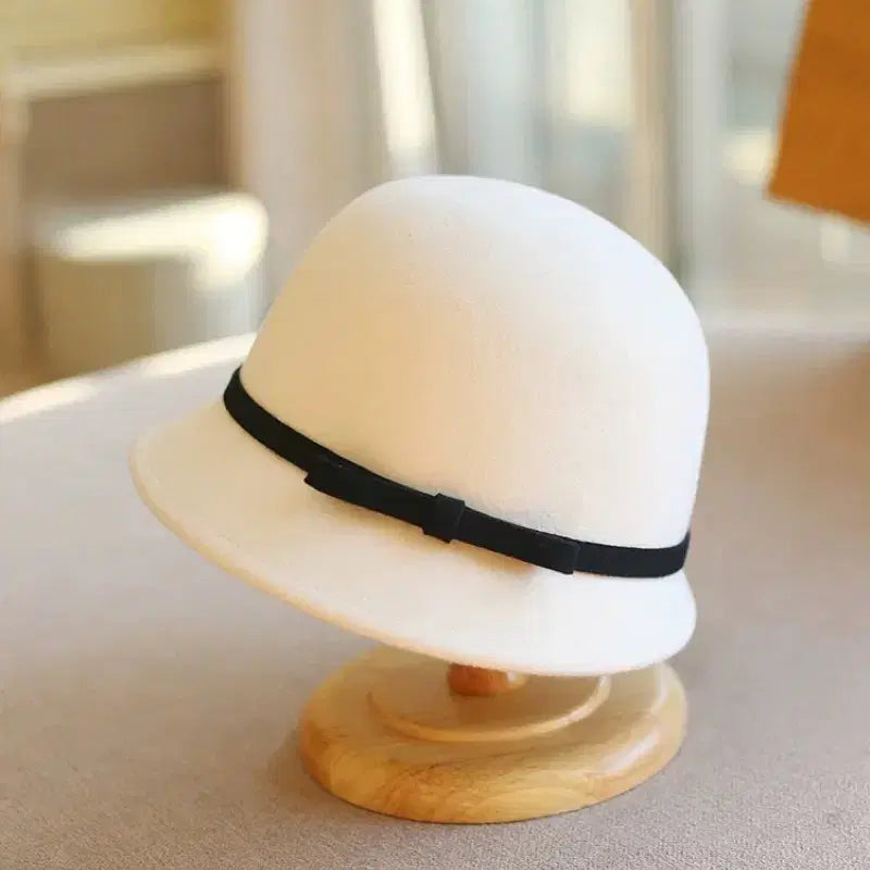 [BUNJANG] White Wool Bucket Hat with Black Ribbon / 양모 화이트햇 벙거지 모자 페도라 블랙 리본 샤넬스타일 버킷햇