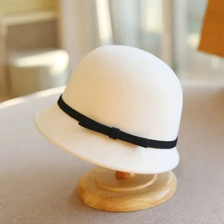 [BUNJANG] White Wool Bucket Hat with Black Ribbon / 양모 화이트햇 벙거지 모자 페도라 블랙 리본 샤넬스타일 버킷햇