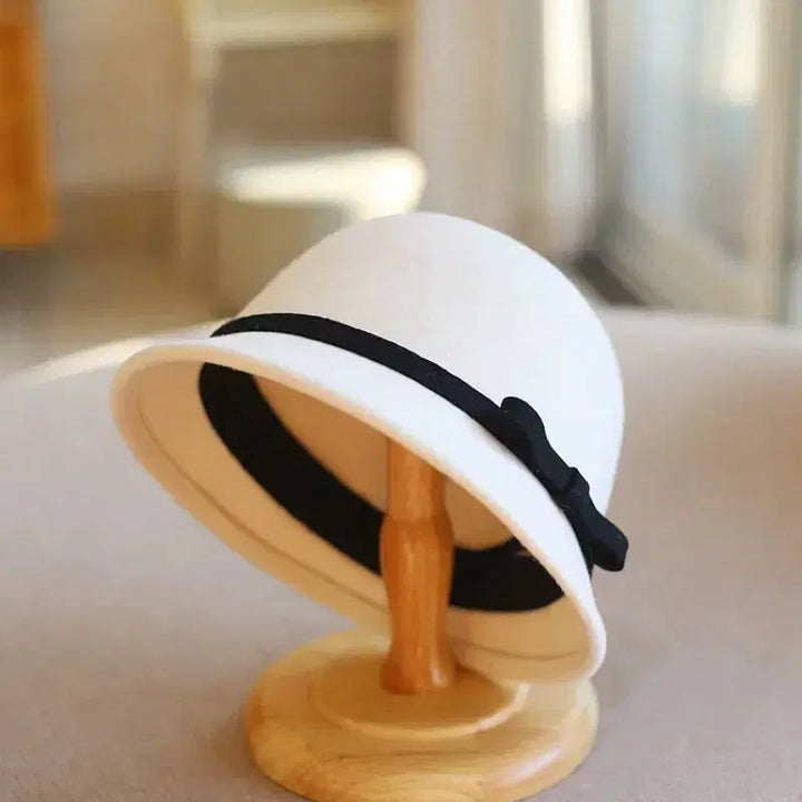 [BUNJANG] White Wool Bucket Hat with Black Ribbon / 양모 화이트햇 벙거지 모자 페도라 블랙 리본 샤넬스타일 버킷햇