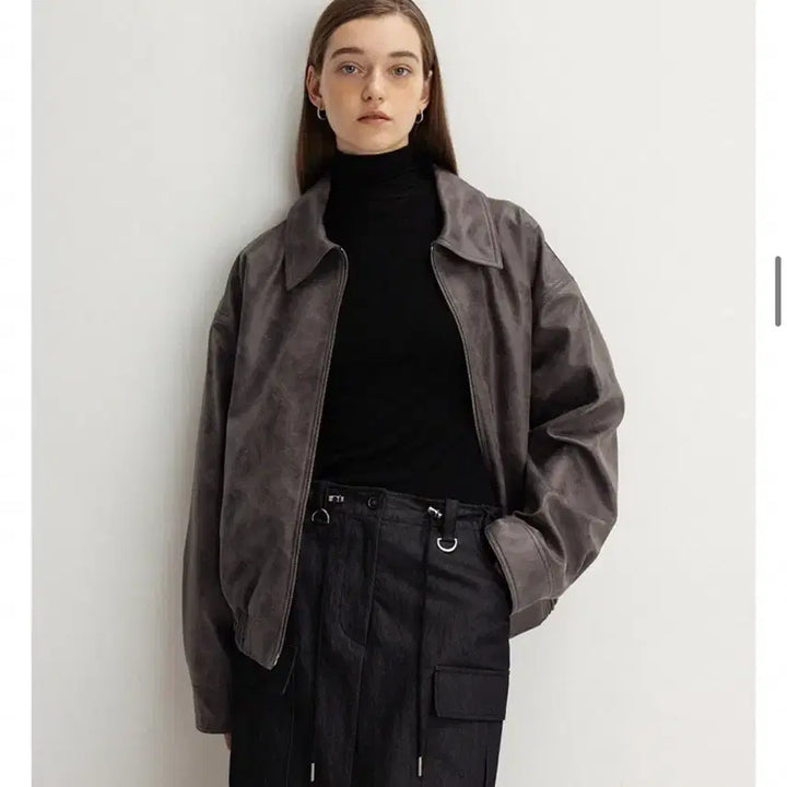 [BUNJANG] Le Chrack Leather Blouson Jacket (Charcoal) / 르 le 크랙 레더 블루종 자켓 점퍼 (차콜)