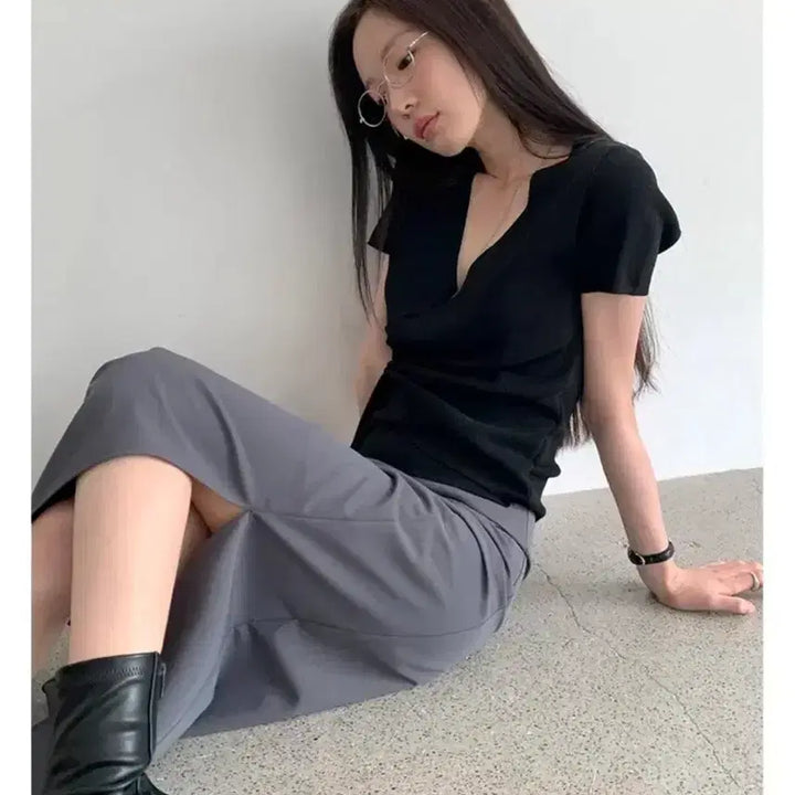 [BUNJANG] From Beginning V-Neck Wrap Half Sleeve Knit / 프롬비기닝 브이넥 랩 하프슬리브 니트