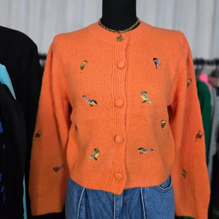 [BUNJANG] Orange Embroidered Cardigan / (새상품)오렌지색 새 자수 가디건