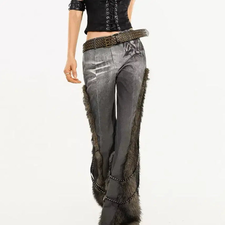 [BUNJANG] Y2K Corset Top & Fur Trimmed Bootcut Pants / y2k 갸루 코르셋 탑 + 퍼 트리밍 부츠컷 팬츠