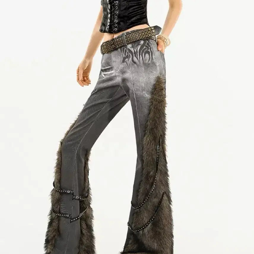 [BUNJANG] Y2K Corset Top & Fur Trimmed Bootcut Pants / y2k 갸루 코르셋 탑 + 퍼 트리밍 부츠컷 팬츠