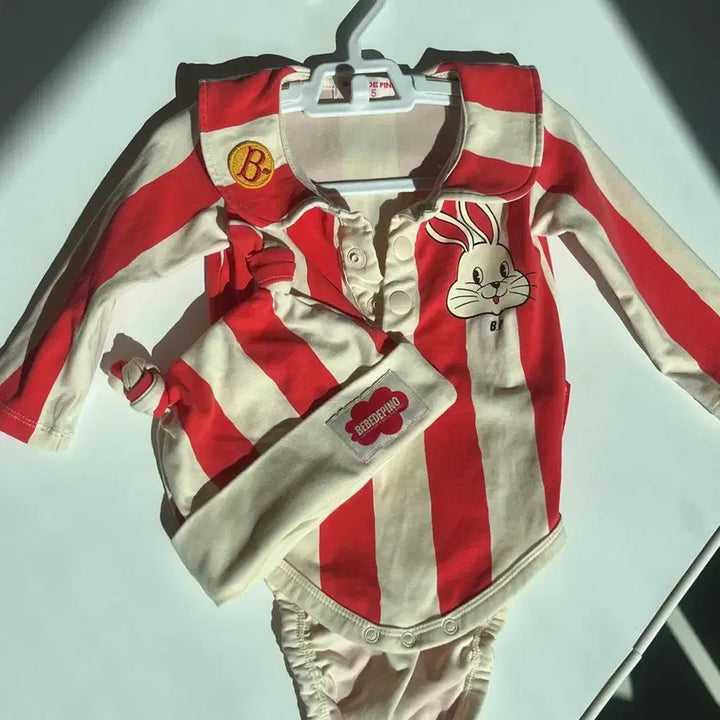 [BUNJANG] Bebe De Pino Stripe Bodysuit & Hat Bundle Set / 베베드피노 스트라이프 바디수트 모자세트 일괄