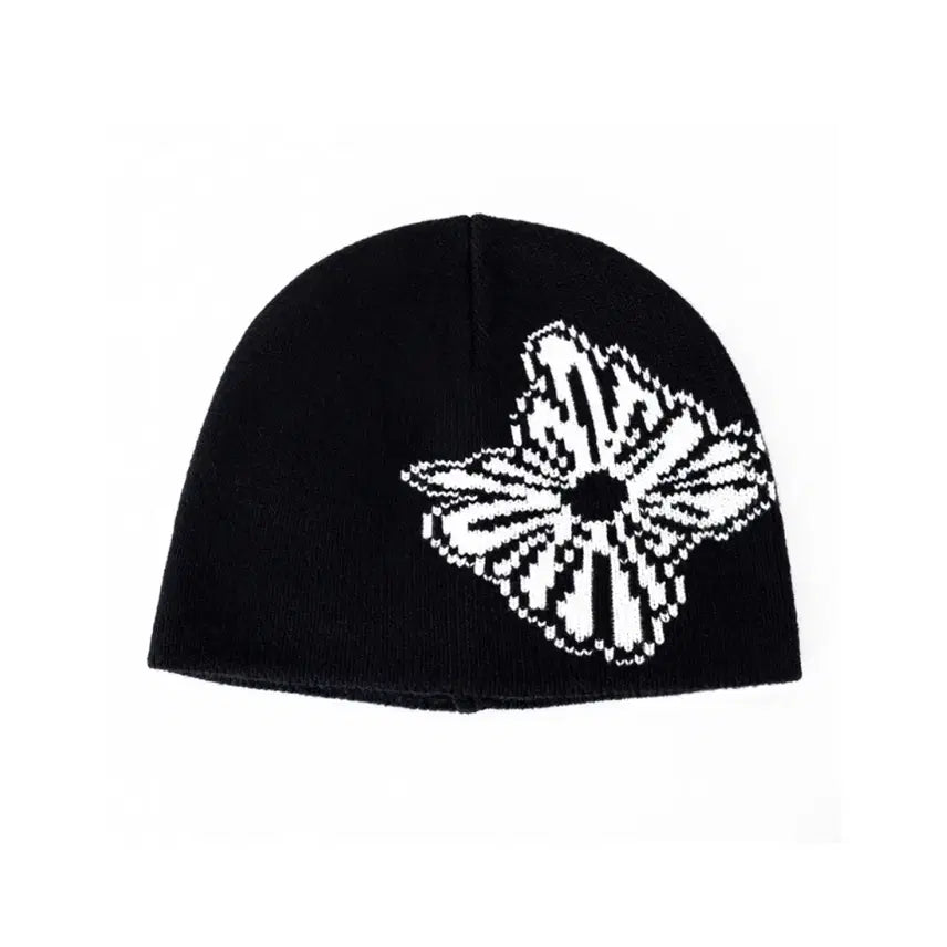 [BUNJANG] Black Beanie Hat with White Pattern / (새상품)블랙 비니 모자 + 화이트 패턴
