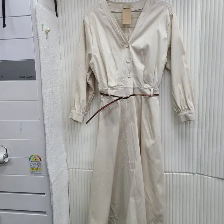 [BUNJANG] Ivory V-neck Long Dress with Belt Set / 아이보리 브이넥 롱 원피스 벨트 세트