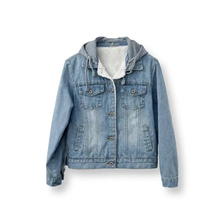 [BUNJANG] Cropped Denim Jacket / 양털 후드 크롭 데님자켓