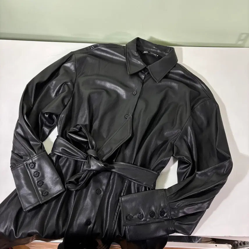 [BUNJANG] Women's Zara Black Robe Shirt Leather Jacket / 우먼S 자라 블랙 로브 셔츠 가죽자켓