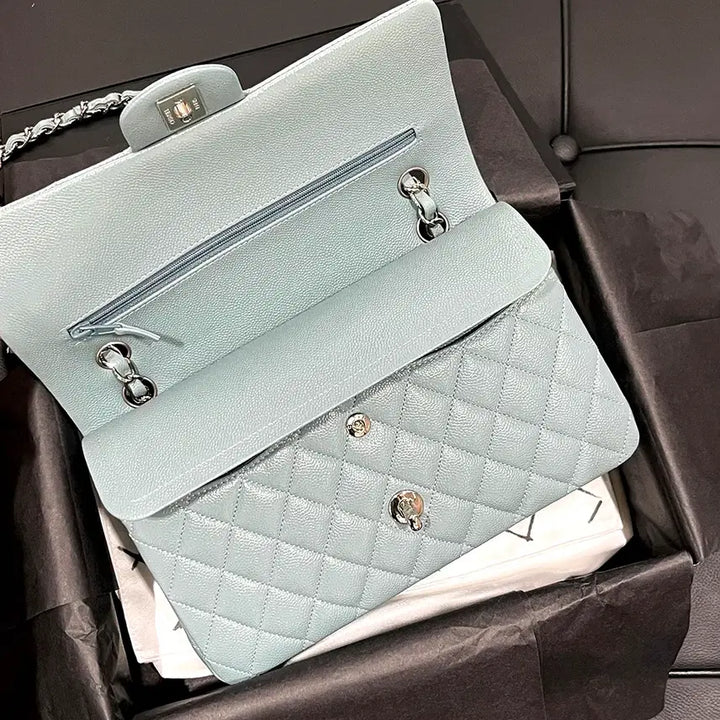 [BUNJANG] Chanel Classic Flap Medium Sky Blue Silver Hardware Bag / 샤넬 클래식 플랩백 미디움 캐비어 스킨 스카이블루 하늘색 은장