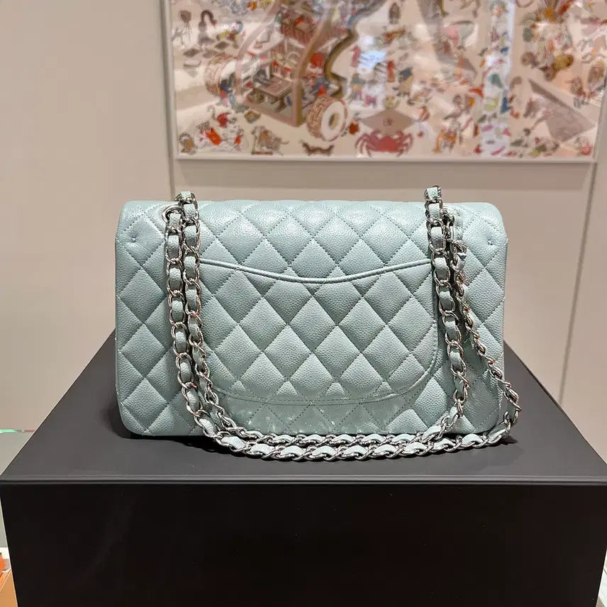 [BUNJANG] Chanel Classic Flap Medium Sky Blue Silver Hardware Bag / 샤넬 클래식 플랩백 미디움 캐비어 스킨 스카이블루 하늘색 은장