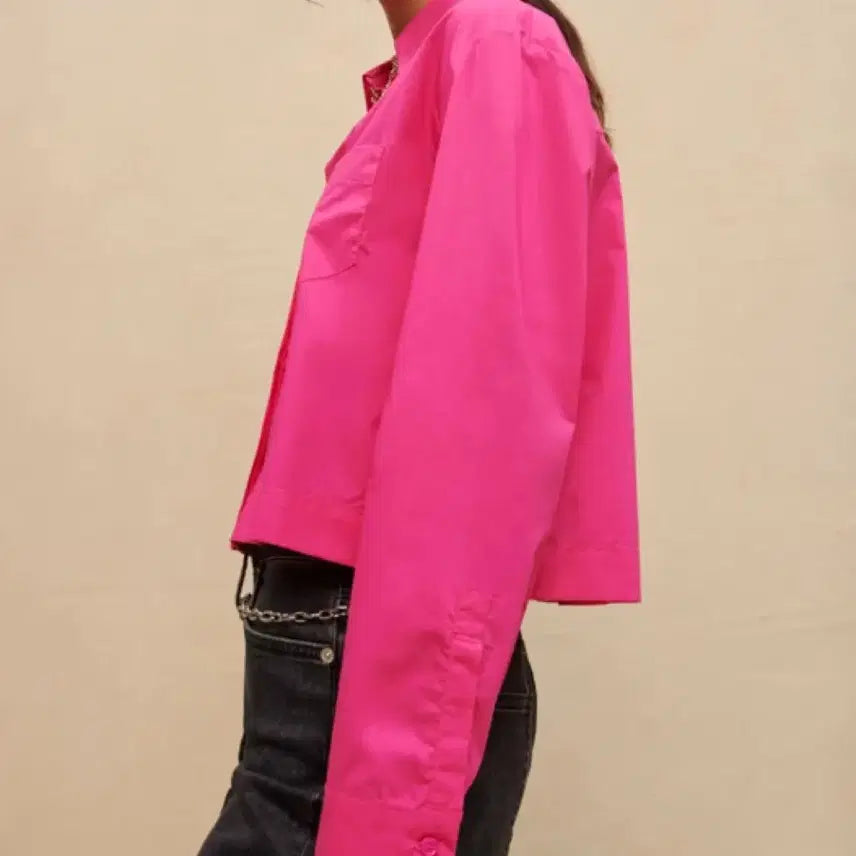 [BUNJANG] Maje 23SS Pink Crop Cotton Blouse / 마쥬 23ss 버튼 플래킷 핑크 크롭 코튼 셔츠 블라우스 1사이즈