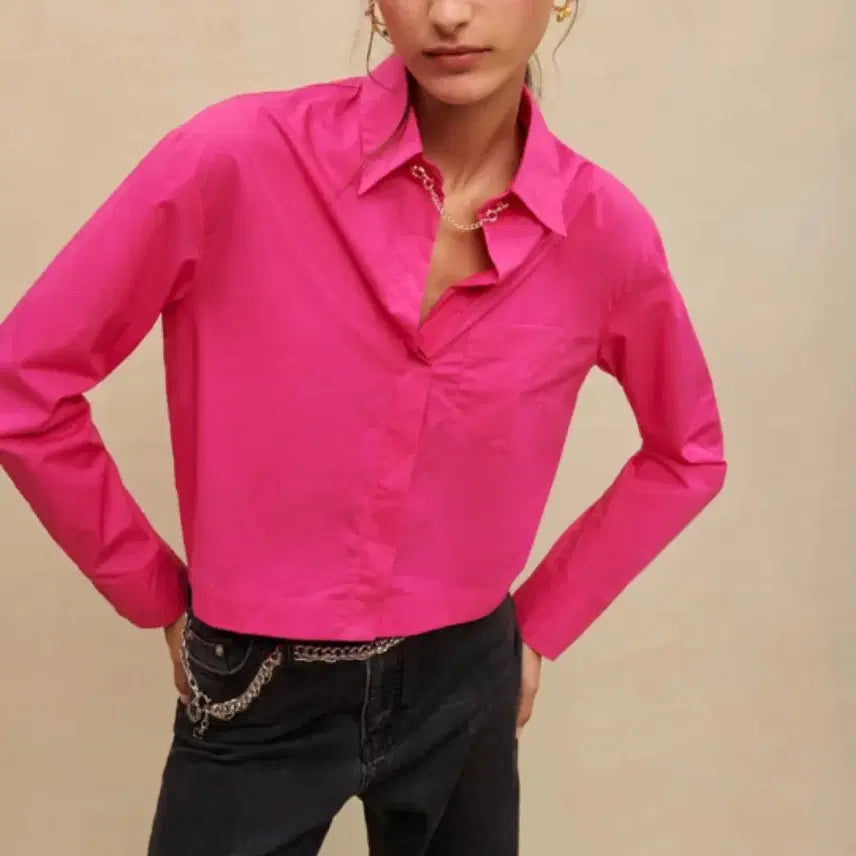 [BUNJANG] Maje 23SS Pink Crop Cotton Blouse / 마쥬 23ss 버튼 플래킷 핑크 크롭 코튼 셔츠 블라우스 1사이즈