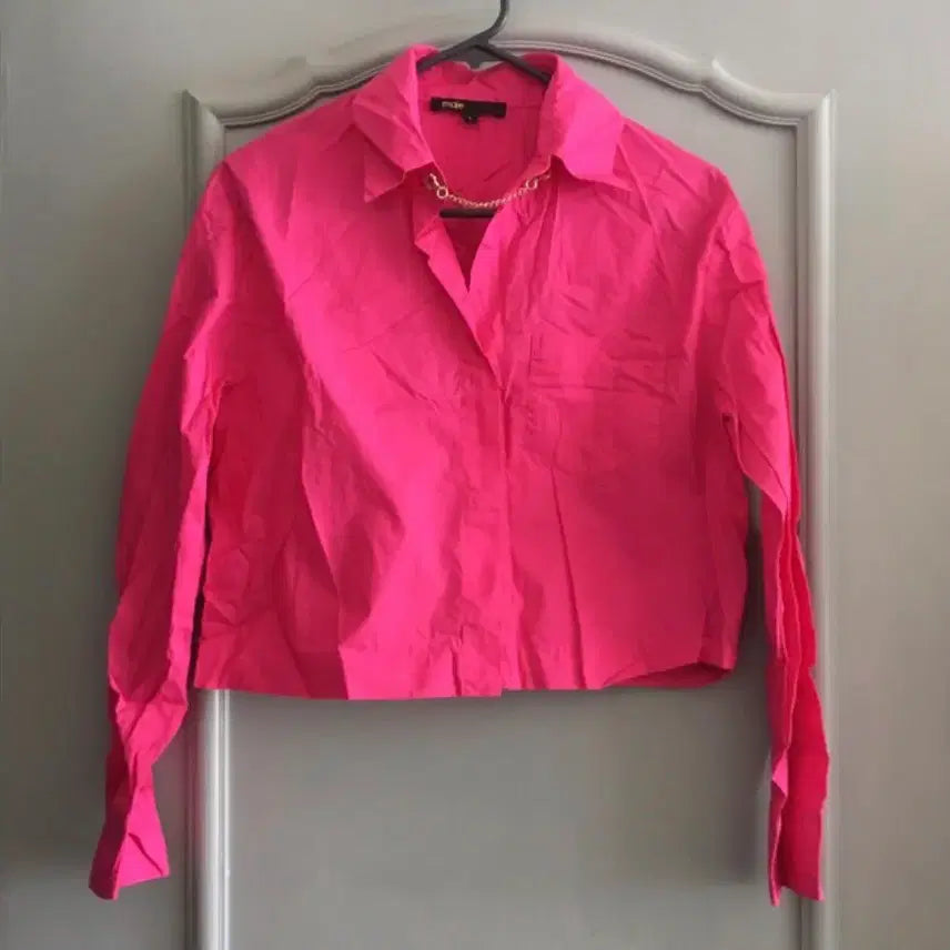 [BUNJANG] Maje 23SS Pink Crop Cotton Blouse / 마쥬 23ss 버튼 플래킷 핑크 크롭 코튼 셔츠 블라우스 1사이즈