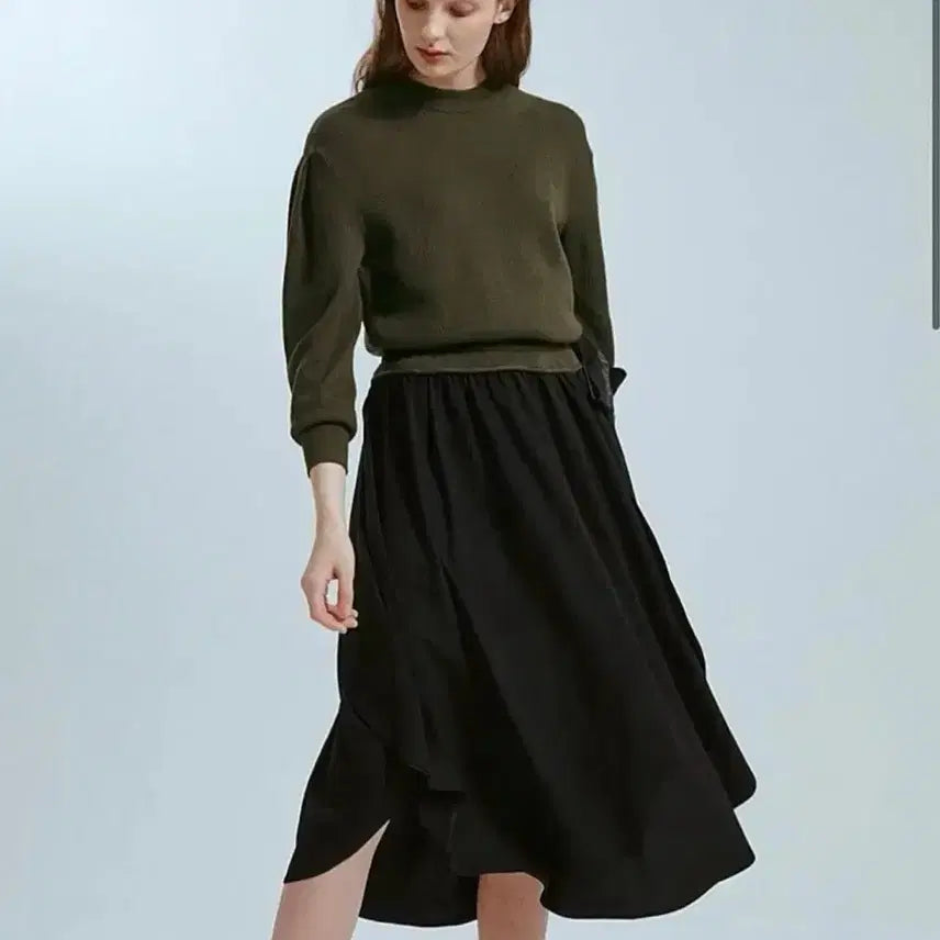 [BUNJANG] LANVIN Collection Knitting Block Dress Long One-Piece / 한섬 랑방컬렉션 LANVIN 니팅 블록 드레스 리본 롱원피스 카키블랙