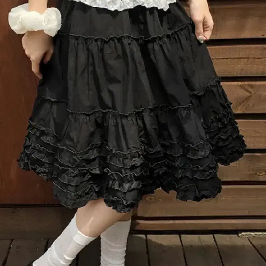 [BUNJANG] Ably Layered Frill Midi Skirt - Black / 에이블리 레이어드 프릴 캉캉 미들 스커트 블랙