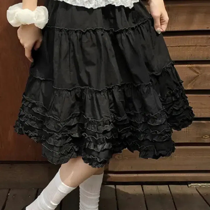 [BUNJANG] Ably Layered Frill Midi Skirt - Black / 에이블리 레이어드 프릴 캉캉 미들 스커트 블랙