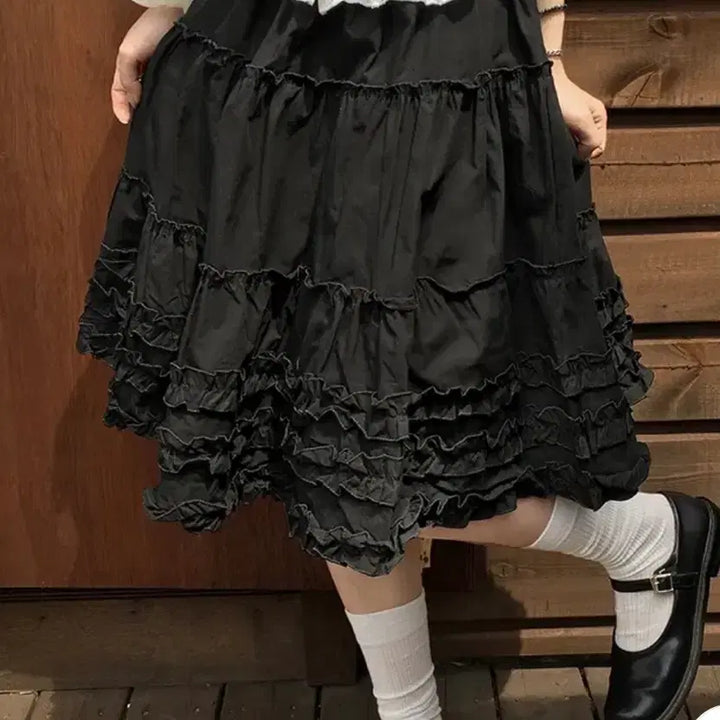 [BUNJANG] Ably Layered Frill Midi Skirt - Black / 에이블리 레이어드 프릴 캉캉 미들 스커트 블랙