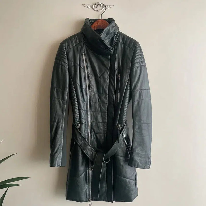 [BUNJANG] Real Leather Quilted Belted Jacket Coat / 66 리얼양가죽 딥그린 퀄팅 벨티드 자켓 코트