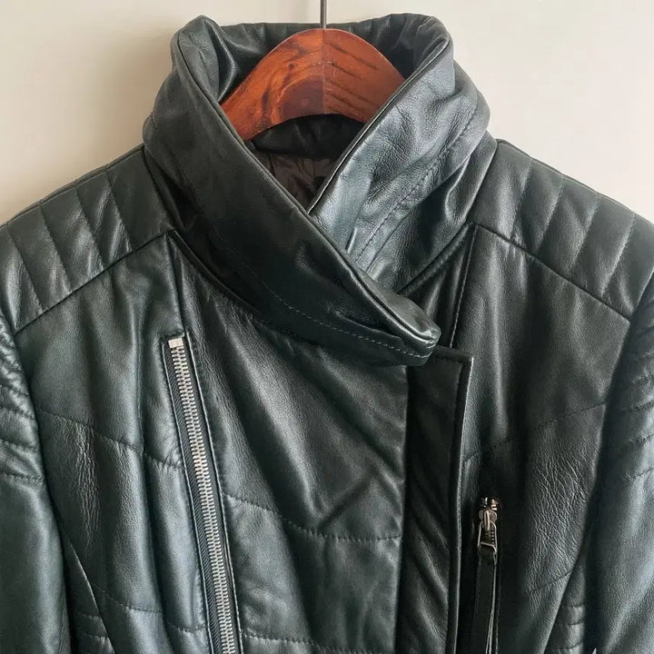 [BUNJANG] Real Leather Quilted Belted Jacket Coat / 66 리얼양가죽 딥그린 퀄팅 벨티드 자켓 코트