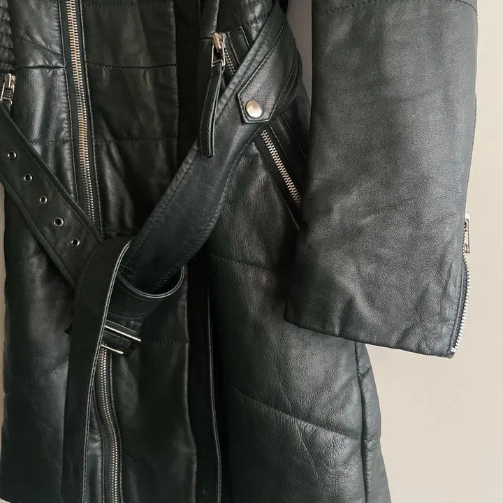 [BUNJANG] Real Leather Quilted Belted Jacket Coat / 66 리얼양가죽 딥그린 퀄팅 벨티드 자켓 코트