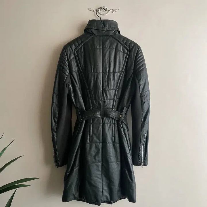 [BUNJANG] Real Leather Quilted Belted Jacket Coat / 66 리얼양가죽 딥그린 퀄팅 벨티드 자켓 코트
