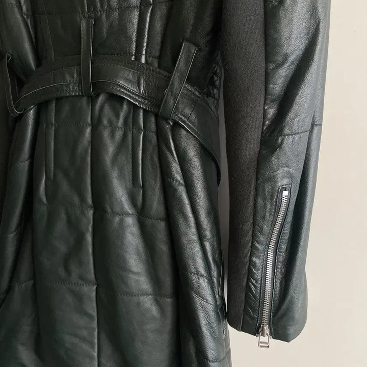 [BUNJANG] Real Leather Quilted Belted Jacket Coat / 66 리얼양가죽 딥그린 퀄팅 벨티드 자켓 코트