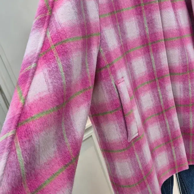 [BUNJANG] Pink Check Wool Long Coat / 핑크 체크 울 코트 / 여성 롱코트 오버핏 코트