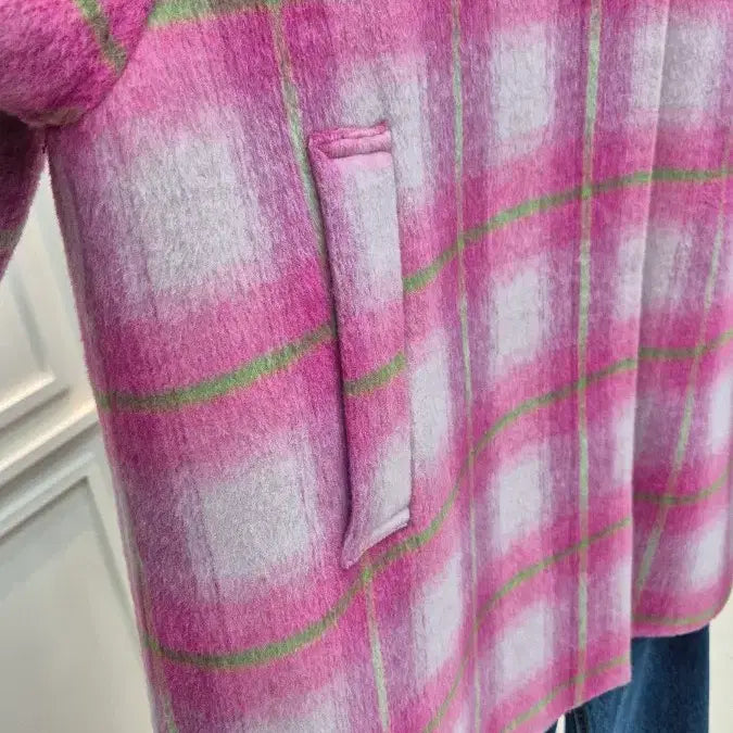 [BUNJANG] Pink Check Wool Long Coat / 핑크 체크 울 코트 / 여성 롱코트 오버핏 코트
