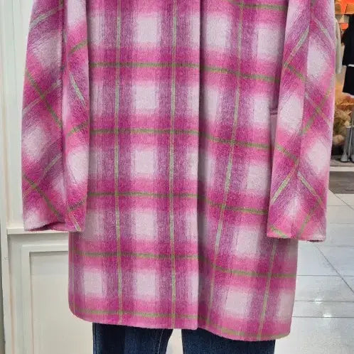 [BUNJANG] Pink Check Wool Long Coat / 핑크 체크 울 코트 / 여성 롱코트 오버핏 코트
