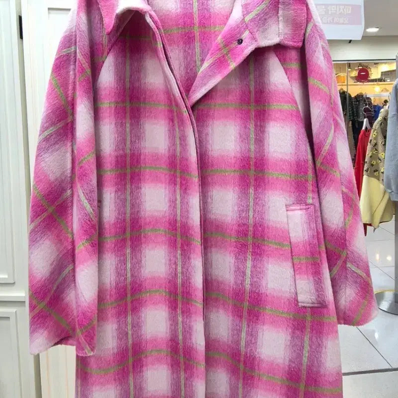 [BUNJANG] Pink Check Wool Long Coat / 핑크 체크 울 코트 / 여성 롱코트 오버핏 코트
