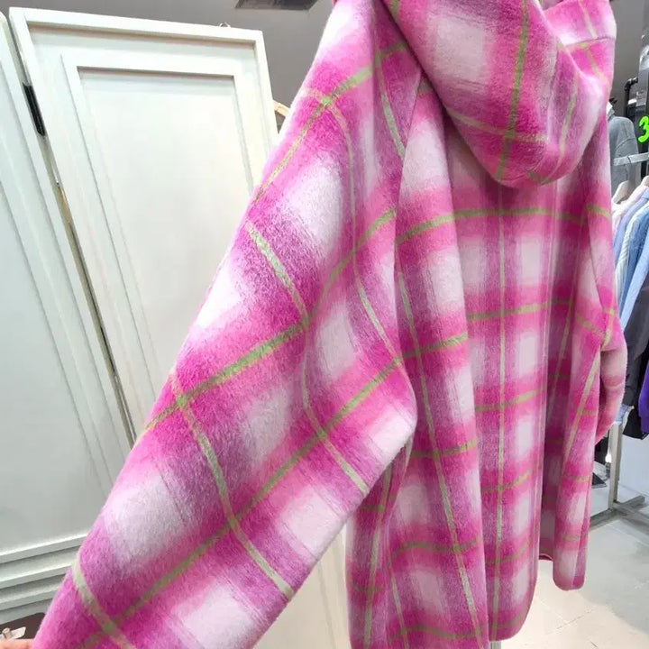 [BUNJANG] Pink Check Wool Long Coat / 핑크 체크 울 코트 / 여성 롱코트 오버핏 코트